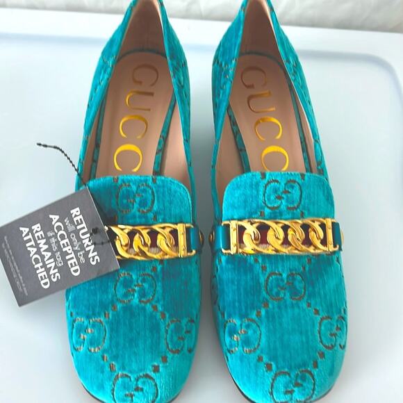 NEW! GUCCI Shoes Velvet Gg Sylvie Chain Detail Mid-Heel Square loafers 9… - Picture 1 of 16